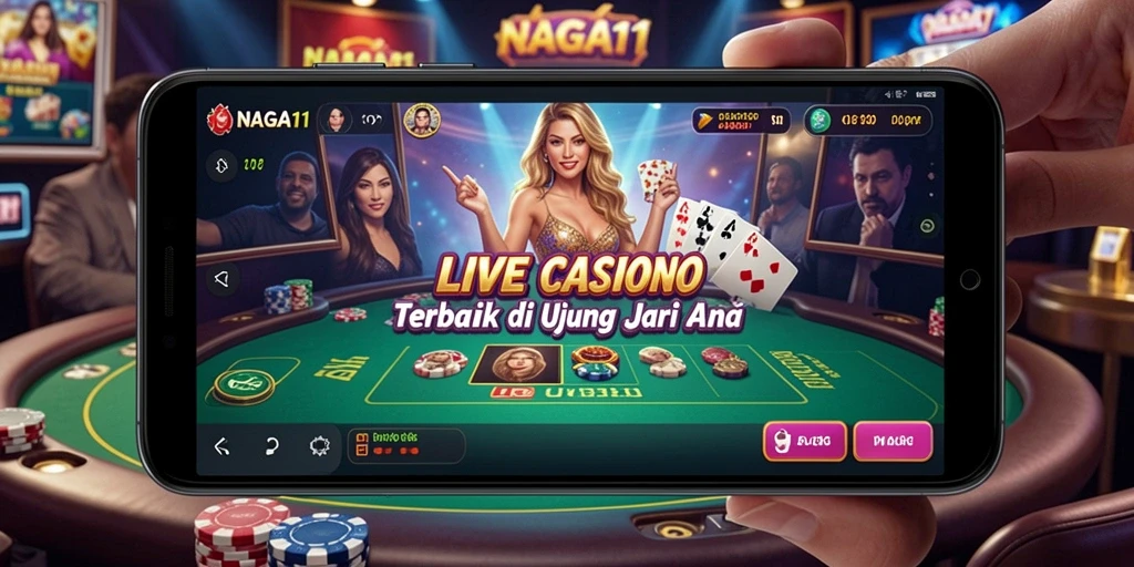 Tampilan gameplay NAGA11 menampilkan dealer langsung dan suasana kasino nyata.