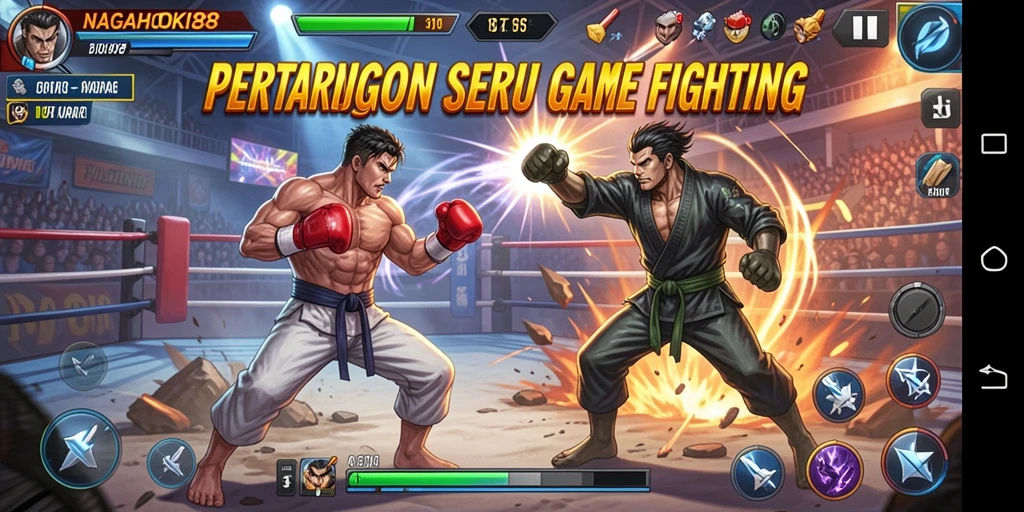 Tampilan gameplay NAGAHOKI88 dengan karakter bertarung di arena yang dinamis.